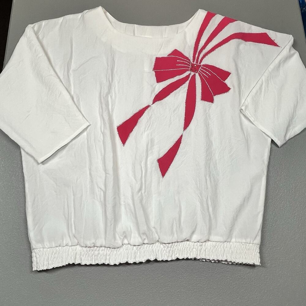 VTG Coquette Top Crinkly Blouse Womens Large? Pink Bow Applique 80s GW Originals